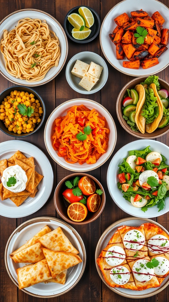 6 Delicious Dinner Ideas for Any Night of the Week A variety of dinner options including pasta, stir-fry, tacos, salmon, salad, and quesadillas on a wooden table.